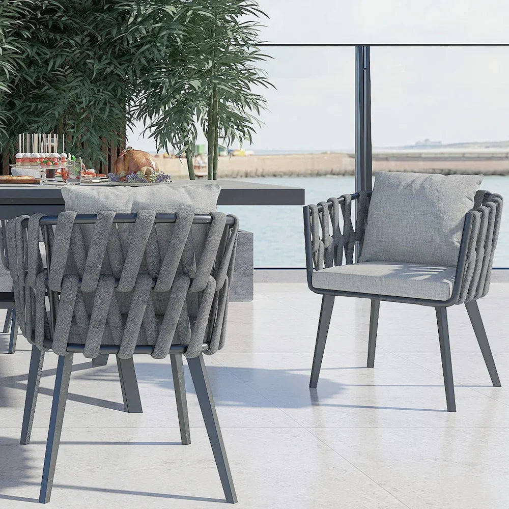Matstolar i grått med flätad textil och aluminium, 2-pack